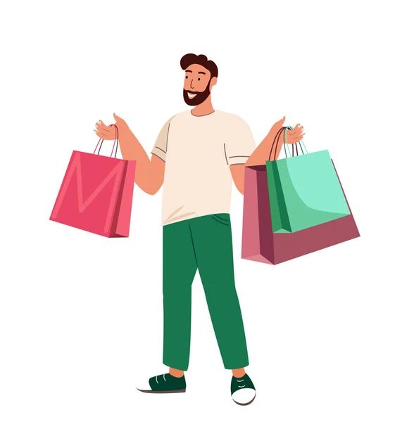 Happy Stylish Man holding lot of shopping bags.Fashion shopper with purchases in hands. Buyer after sale.Fashionable customer carrying many packs. Flat vector illustration isolated on white background — Stock Vector