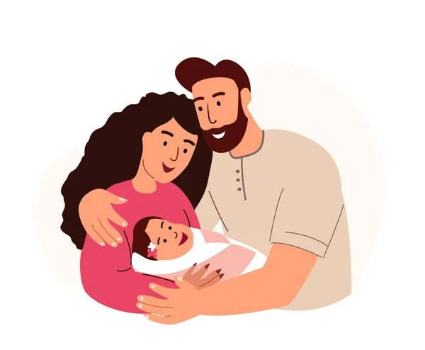 Ouders Moeder Vader Houden Pasgeboren Baby Gelukkig Ouderschap Familieportret Met — Stockvector