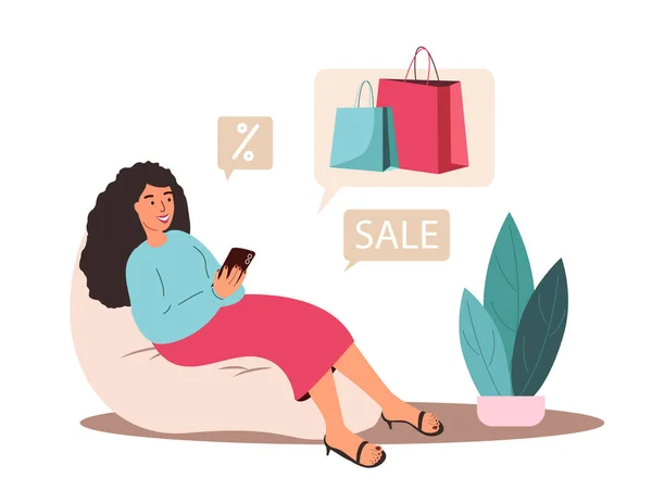 Розслаблена Жінка Робить Покупки Онлайн Мобільним Телефоном Купуючи Одяг Продажу — стоковий вектор