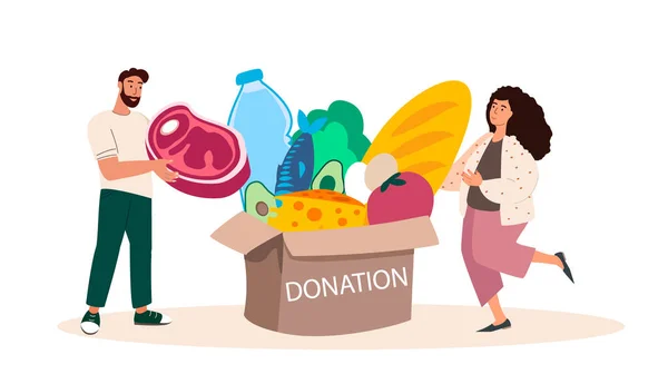 People donating Meal,Products,products,food. Charity, support and donation concept. Humanitarian charitable help.Philanthropy, charitable foundation.Flat vector illustrations isolated white background — Stock Vector