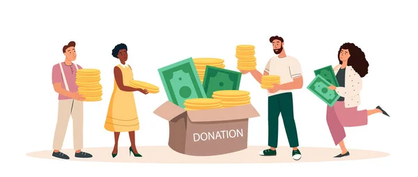 People donating money, Gold coins,cash money,fimance.Charity, support and donation concept.Humanitarian charitable help.Philanthropy.Savings,capital.Flat vector illustrations isolated white background — Stock Vector