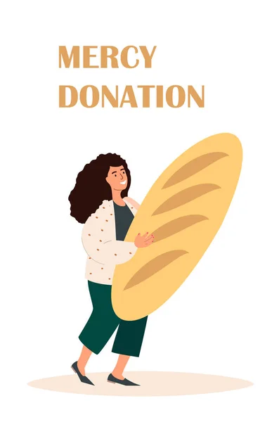 Volunteer Working at Food Mercy Donation Center Sharing Bread.Donating Meal,Charity Product with People Outdoors. Selfless Woman Altruism and Charity Concept Cartoon Flat Vector Illustration — Stock Vector