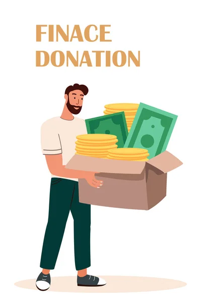 Man donating money, Gold coins,cash money,fimance.Charity, support and donation concept.Humanitarian charitable help.Philanthropy.Savings,capital.Flat vector illustrations isolated white background — Stock Vector