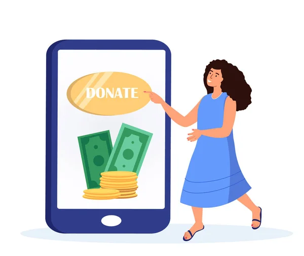 Contribution, Help to People in Need Concept.Woman,Female Character Use Mobile Application for Donation. Donate Money Push Button on Smartphone Screen Application, Charity. Cartoon Vector Illustration — Stock Vector