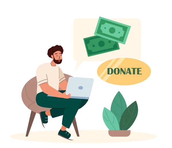 Cashless Financial Donation Contribution,Help to People in Need Concept.Male Character Use Mobile Donation Application.Money Push Button , Laptop Screen Application,Charity.Cartoon Vector Illustration — Stock Vector