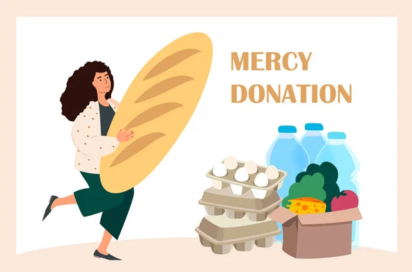 Volunteer donating Meal,Products,products,food to Food Donation Center.Charity,support concept.Humanitarian charitable help.Philanthropy,charitable foundation.Vector illustrations on white background — Stock Vector