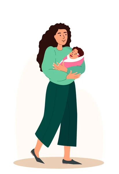 Mother holding and hugging newborn baby. Young mom cuddling wrapped infant with love. Woman parent with sleeping new born child in hands. Flat graphic vector illustration isolated on white background — Stock Vector