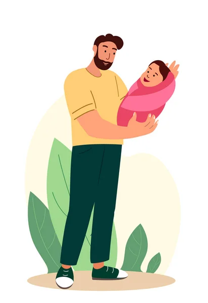 Baba kucağında ve yeni doğmuş bebeği kucaklıyor. Genç baba bebeğe sevgiyle sarılıyor. Erkek ebeveyn, uyuyan yeni doğan çocuğu elinde tutuyor. Düz vektör çizimi beyaz arka planda izole edilmiş. — Stok Vektör