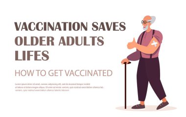 Yaşlı Yetişkinler için Aşılar Sayfa Şablonu. Yaşlı Emekliler Sağlık Hizmetleri, Aşılanmış Yaşlı Erkek Karakter Gösterisi Omzunda Yama. Yaşlılara Dokunulmazlık, Aşı. Halk Vektörü İllüstrasyonu