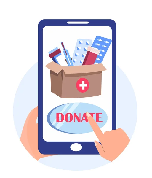 Use Mobile App,Donate Medicaments First Aid help Online.Charity,support and donation.Humanitarian charitable help.Philanthropy,charitable foundation.Vector Illustration Smartphone Screen Application — Stock Vector