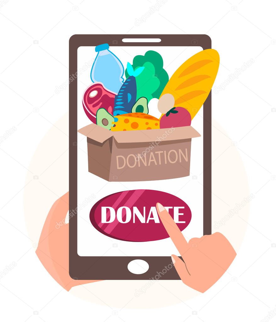 Humanitarian aid Online.Meal Food Donation.Help to People in Need Concept.Use Donation Mobile Application.Push Button, Smartphone Screen Application,Humanitarian charitable.Cartoon Vector Illustration