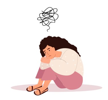 Depresyondaki Kadın, Depresyondaki Mutsuz Korkmuş Kadın Kafasında Karışık Düşüncelerle Oturuyor. Karakterin Profesyonel Psikolojik Yardım, Zihinsel Yardımlaşma. Çizgi film Vektör İllüstrasyonu