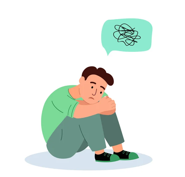 Teenager Depression Problems Depressed Unhappy Boy Sitting Floor Tangled Thoughts — Stock Vector