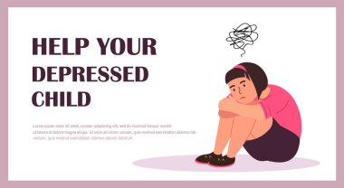 Depresyon, Depresyon, Kafasında Karmaşık Düşüncelerle Yerde Oturan Mutsuz Kız. Çocuk karakterinin profesyonel psikolojik yardıma, zihinsel desteğe ihtiyacı var. Çizgi film Vektör İllüstrasyonu