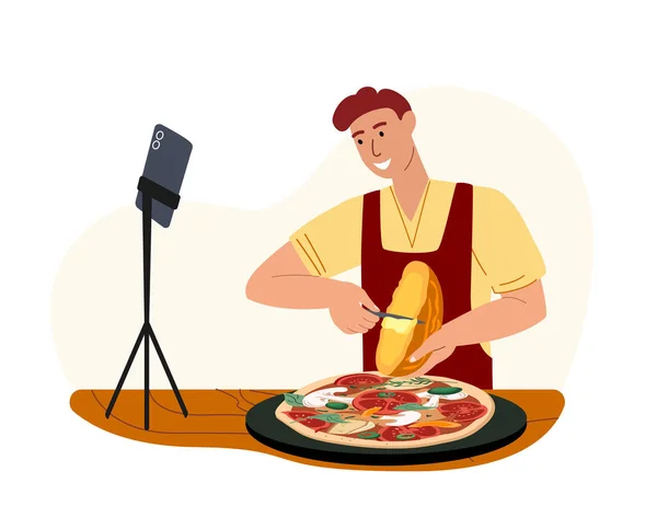Maschio Personaggio Cottura Pizza Raschiando Raclette Formaggio Scioglimento Funghi Gustosa — Vettoriale Stock