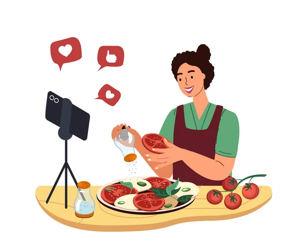 Comida Blogger Cocinar Ensalada Caprese Explicar Cámara Cómo Cocinar Plato — Archivo Imágenes Vectoriales