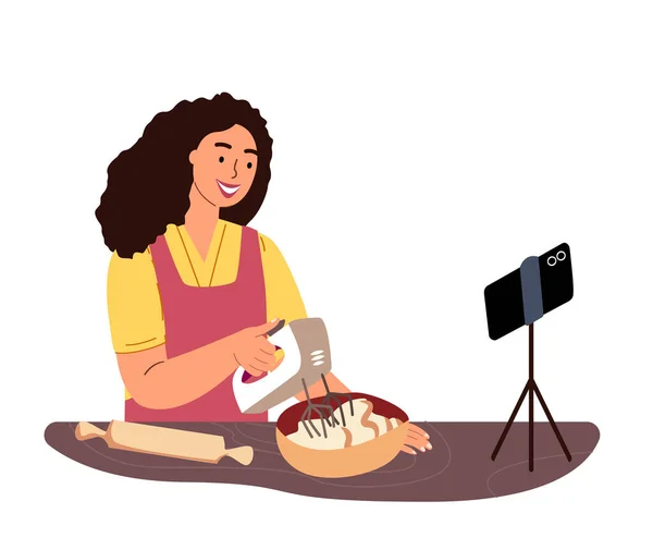 Blogger na potraviny míchání těsto v misce a vysvětlit na kameře, jak vařit jídlo.Žena postava vaření pro video blog.Žena kuchař Vlogger ukazuje nový Recipe.Video Tutorial.Cartoon lidé vektorové ilustrace — Stockový vektor