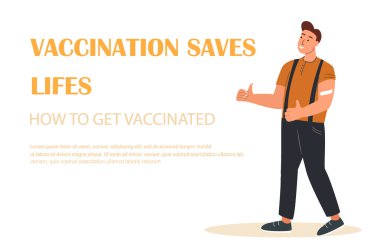 Sağlıklı, Aşılama İniş Sayfası Şablonu. Aşılanmış Mutlu Adam Şovu Tamam Hareketi, Dokunulmazlık, Sağlık. Omzunda Yama Olan Mutlu Yetişkin Karakteri. Çizgi İnsan Vektör Resimleri