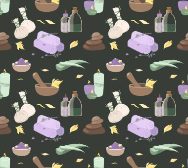 Bitmek bilmeyen Aletler Seti, Spa Prosedürleri Bakımı. İçinde organik güzellik ürünleri olan cam şişeler, aloe, sıcak taşlar, lavanta havlusu, serum özleri, sağIık için mum. Düz vektör çizimi.