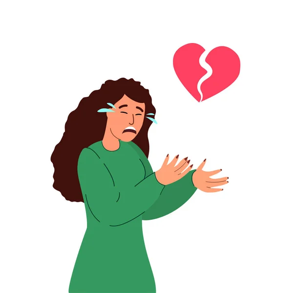 Depressief Crying Heartbroken Sad Young Girl with Pieces of Red Broken Heart.Einde van de liefde en liefdevolle relaties, Eenzaamheid, Psychologische depressie Concept.Cartoon Vector Illustratie geïsoleerd op wit — Stockvector