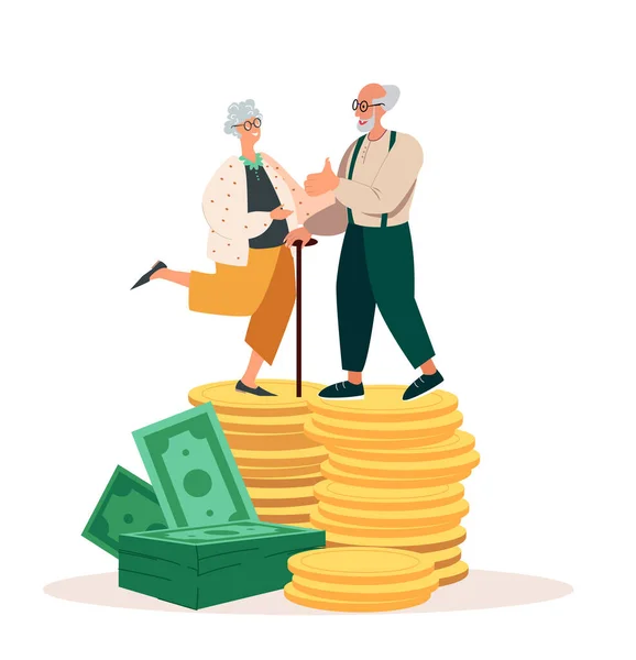 Glada seniora pensionärer Manliga kvinnliga karaktärer står på enorma högen av pengar Golden Coins stack.Concept of Financial Wealth, pensionsavdrag, besparingar, förmögen pensionering. Människor vektor Illustration — Stock vektor