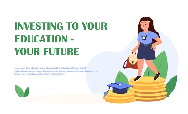 Little Child Girl Stand on Huge Golden Coins Money Pile.Lnding Page template.Concept d'épargne, d'investissement dans l'éducation future, la prospérité de la vie.Kids Finance Education.Cartoon People Vector Illustration — Image vectorielle