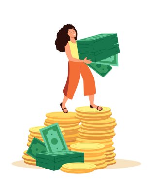 Büyük Altın Para ve Para Yığını Üzerinde Kadın Karakter Duruşu. Kredi, Zenginlik, Finans Geliştirme, Zenginlik Konsepti. Yatırım Büyümesi, Bütçe Tasarrufları, Mevduat. Karikatür İnsanları Vektör Çizimi