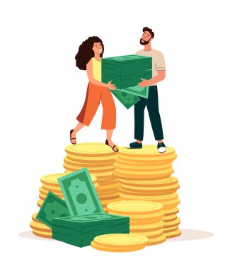 Erkek, Kadın Karakterler Büyük Altın Para ve Para Yığını Üzerinde Duruyor. Kredi, Zenginlik, Finans Geliştirme, Zenginlik Konsepti. Yatırım Büyümesi, Bütçe Tasarrufları, Mevduat. Çizgi Film İnsanları Vektör İllüzyonu