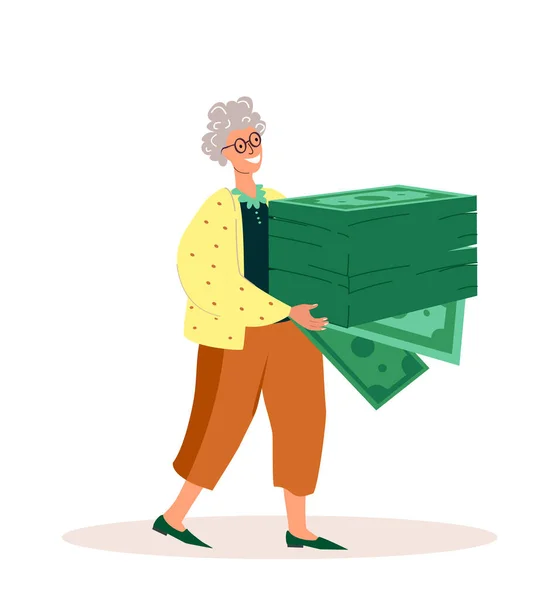 Pensioner Woman,Wealth and Retirement Concept.Senior Woman with Huge Pile of Banknotes.Investment Growth,Investor with Money,Single Female Character Budget Savings.Cartoon People Vector Illustration — Stock Vector