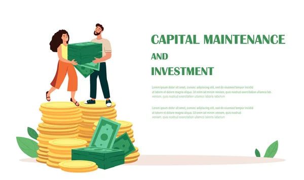 Landing Page Template.People Characters Stand on Huge Pile of Gold Coins, Money Cash.Apply for Loan,Rich,Finace Development,Wealth Concept.Investment Growth,Budget Savings,Deposit.Vector Illustration — Διανυσματικό Αρχείο
