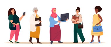 Kendinden emin Kadın Karakterler, Kafkasyalı, Afrikalı, Hintli ya da Arap Etnik, Yaşlı, Genç. Beyaz Geçmişe Göre Kadın Yetkilendirme. Çeşitli İş Kadınları Sıraya Oturdu. Çizgi film İnsan Vektör İllüzyonu