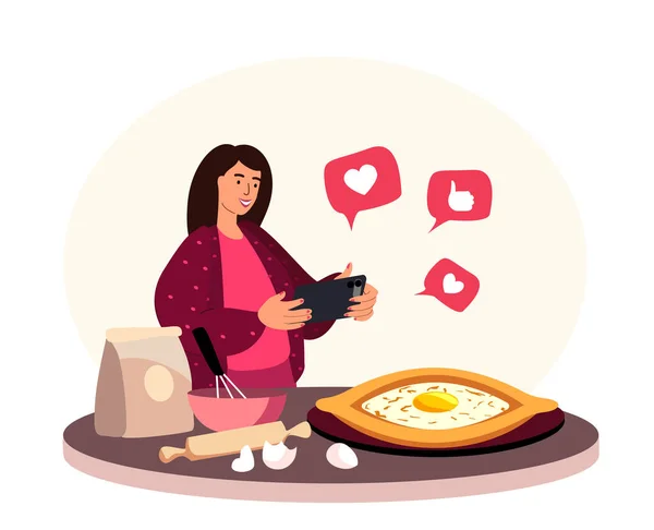 Food Blogging Concept.Female Blogger Character with Smartphone Take Photo of Prepared Dish Traditional Georgian Baked Khachapuri Video Blog.Foodie Channel or Vlog Streaming.People Vector Illustration — стоковый вектор