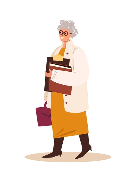 Aged Lady in Business.Advantages of Aged Women in Business.Senior Caucasian Business Person,Confident Aged Female Character with Folders,Briefcase.Cartoon People Vector Illustration isolated on white — Stockvektor