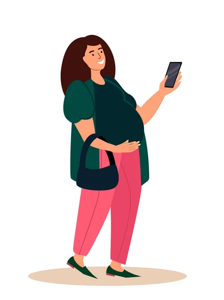 Νεαρή μελλοντική μητέρα της επιχείρησης Lady.Pregnant Ανεξάρτητες γυναίκες στην επιχείρηση.Καυκάσιος Επιχειρηματίας, Εμπιστοσύνη Νεαρή Γυναίκα Χαρακτήρας με Smartphone.Cartoon Άνθρωποι Διάνυσμα Εικονογράφηση απομονώνονται σε λευκό — Διανυσματικό Αρχείο