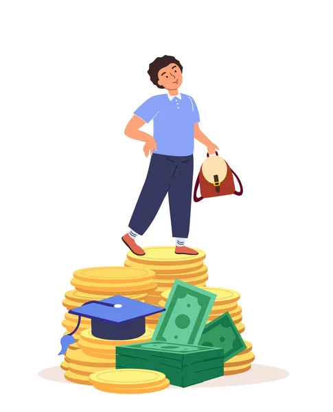 Little Child Boy Stand on Huge Golden Coins Money Pile.Concept of Savings,Investment in Future Education,Life Prosperity.Collecting Money and Kids Finance Education.Cartoon People Vector Illustration — Image vectorielle