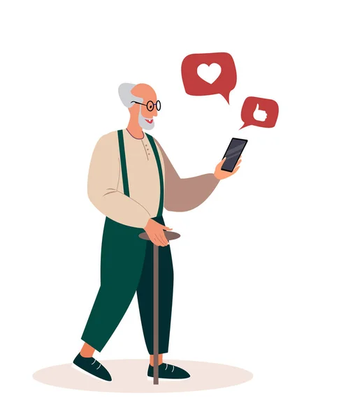 Retired Man Speak by Mobile Phone Landing Page Template. Elderly Man Communicate in Social Networks. Senior Character Browsing Internet, Messaging with Friends. Cartoon People Vector Illustration — Stockvektor