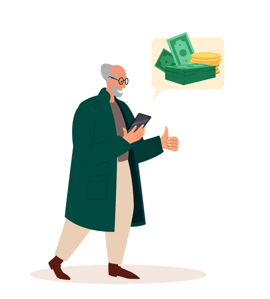 Retired Old Man Character Look on Smartphone Screen with Dollar Sign in Speech Bubble.Online Money Transfer,Pension Deductions,Mobile Savings Account,getting Payment Deposit.People Vector Illustration — Vetor de Stock