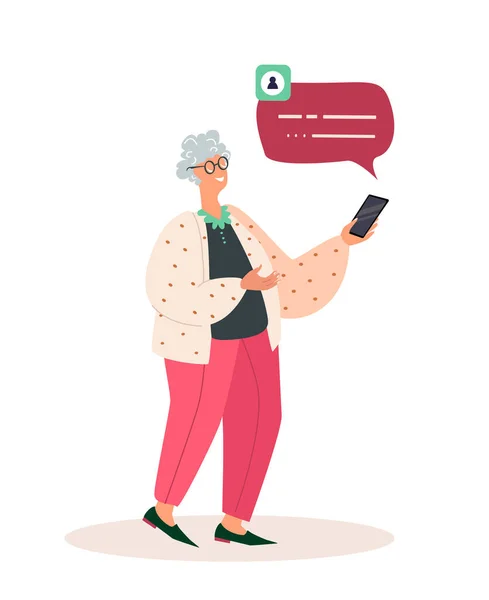 Retired Woman Speak by Mobile Phone Landing Page Template. Elderly Woman Communicate in Social Networks. Senior Character Browsing Internet, Messaging with Friends. Cartoon People Vector Illustration — Stockvektor