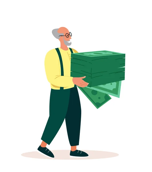 Gepensioneerde Gepensioneerde Oude, Rijkdom en Pensioen Concept.Enior Man met enorme stapel bankbiljetten.Investment Groei, Belegger met geld, Single Man Karakter Budget Savings.Cartoon People Vector Illustratie — Stockvector