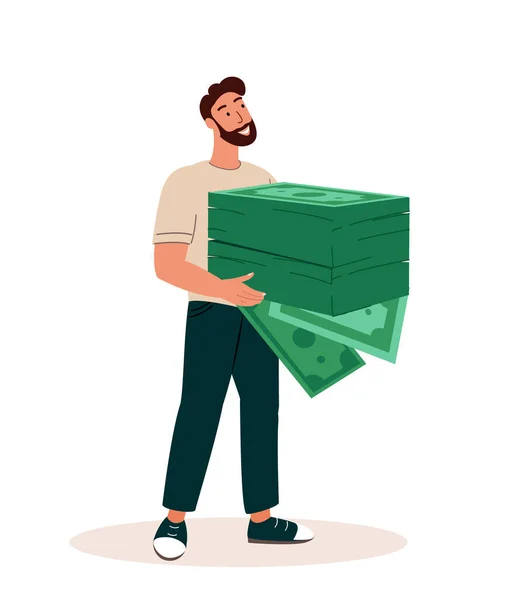 Male Character Keeps Huge Pile of Money Cash.Take a Loan for Business opening,Rich,Finace Development,Wealth Concept.Investment Growth,Budget Savings,Deposit.Cartoon Fat Vector Illustration Isolated — Stock vektor