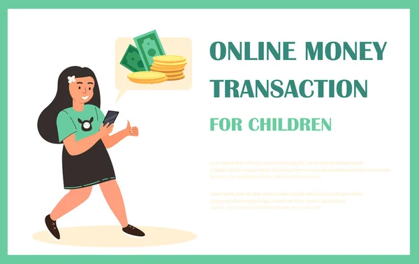 Young Smiling Girl Character with Money Getting in Smartphone Screen.Landing Page Template.Online Money Transfer,Pension Deductions,Mobile Savings Account,getting Payment Deposit.Vector Illustration — Vettoriale Stock