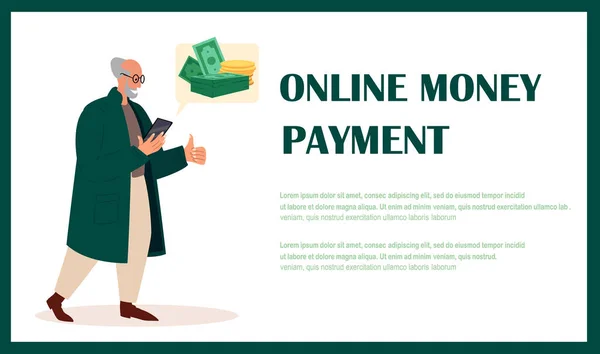 Retired Old Man Character Look on Smartphone Screen with Money Receipt.Landing Page Template.Online Money Transfer,Pension Deductions,Mobile Savings Account,getting Payment Deposit.Vector Illustration — Stock vektor