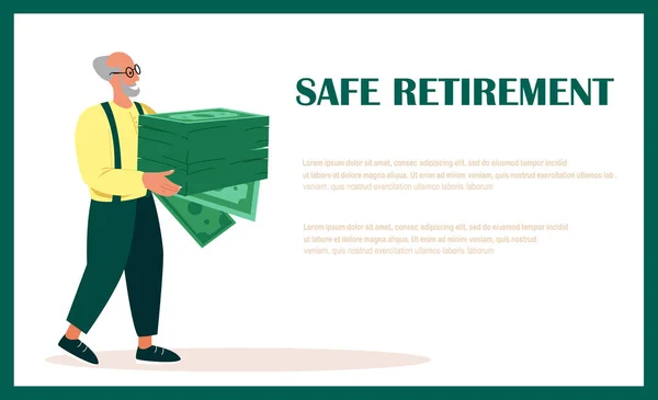 Pensioner Retired Old,Wealth,Retirement Concept LandingPage Banner.Senior Man with Huge Pile of Banknotes.Investment Growth,Investor with Money,Single Male Character Budget Savings.Vector Illustration — Stock vektor