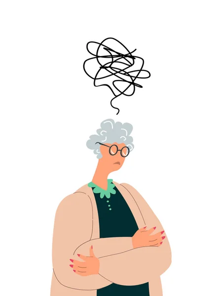 Pensive Elolder Woman Amnesia Mess Head Thoughts Forgetful Senior Character — Stockový vektor