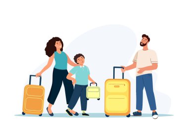 Aile Seyahati, Seyahat Konsepti. Bavulu Havalimanında Kayda Geçen Mutlu Ebeveynler ve Oğullar. Turist Karakterleri, Uçak, Gezginler, Yolcular.