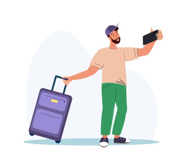 İş Gezisi, Seyahat Konsepti. Bavullu Mutlu Adam, Selfie Fotoğrafı Çekiyor. Erkek Turist Karakteri, Uçakta Bagaj, Yetişkin Gezgini, Yolcu.