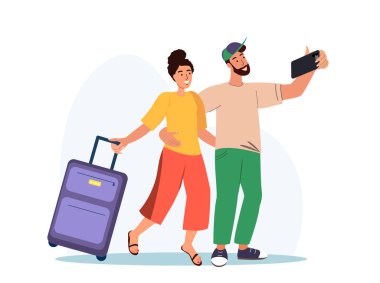 Aile Seyahati, Seyahat Konsepti. Parlak, Bavullu Mutlu Romantik Çift Selfie Fotoğrafı Çekiyor. Turist Karakterleri, Uçak, Gezginler, Yolcular.