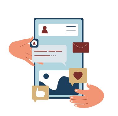 Cep telefonu uygulamasının Ui UX tasarımı. Eller soyut sosyal medya uygulama arayüzü oluşturuyor, yerleşim yapıyor, web platformunda içerik düzenliyor. Düz vektör çizimi beyaz arkaplanda izole edildi