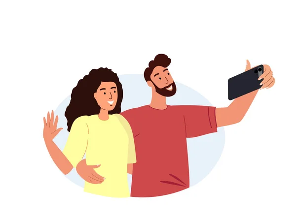 Para Robi Sobie Selfie Smartfonem Pokazującym Gest Powitania Szczęśliwy Mężczyzna — Wektor stockowy