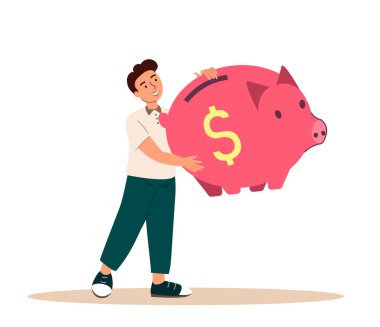 Küçük Çocuk Büyük Domuz Kumbarasını Ellerinde Tutuyor. Çocuk Karakterleri Biriktirme Kutusuna Para Toplar. Çocukların Geleceği, Eğitimi, Yaşam Refahı, Finansal Başarı İçin Kurtarma. Çizgi film İnsanları Vektör İllüstrasyonu